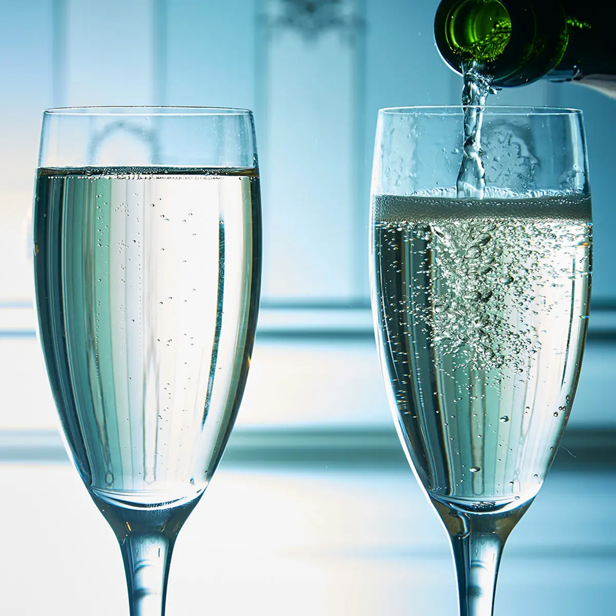 Champagne being poured into two glasses